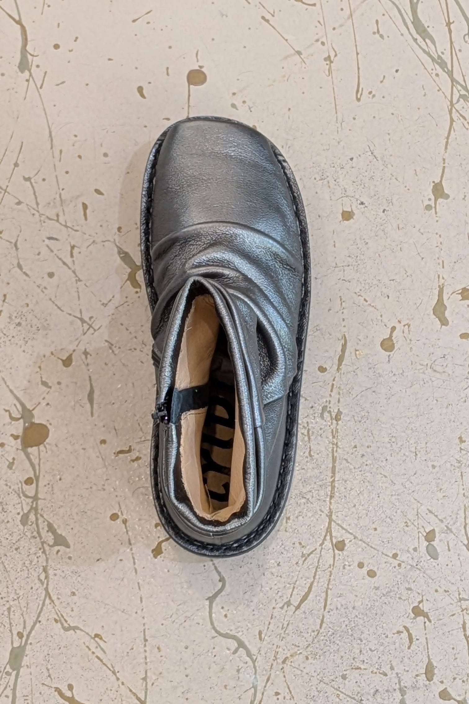 Trippen Juice flat booties metallic steel leather, square toe, side zipper total comfort, NYC LiLi The First