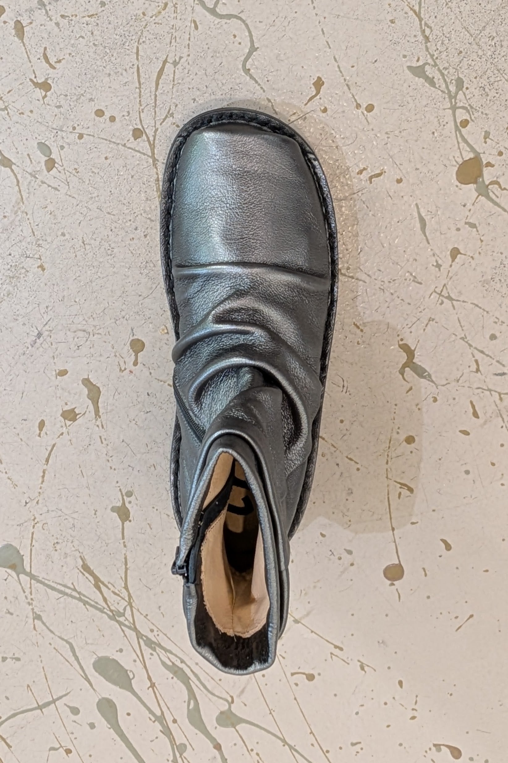 Trippen Juice flat booties metallic steel leather, square toe, side zipper total comfort, NYC LiLi The First