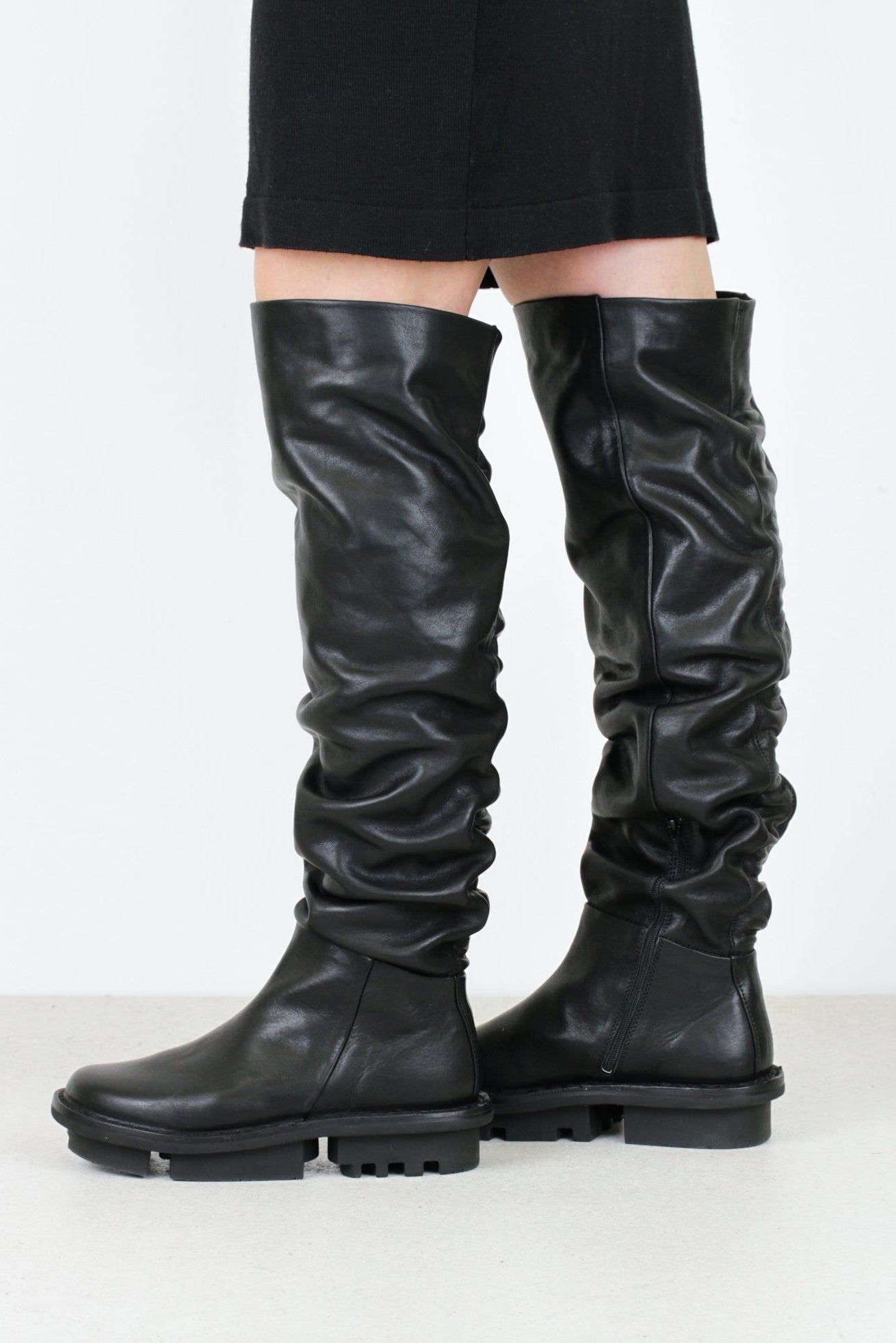 Trippen Nimbus flat tall knee-high Boots side zipper black leather