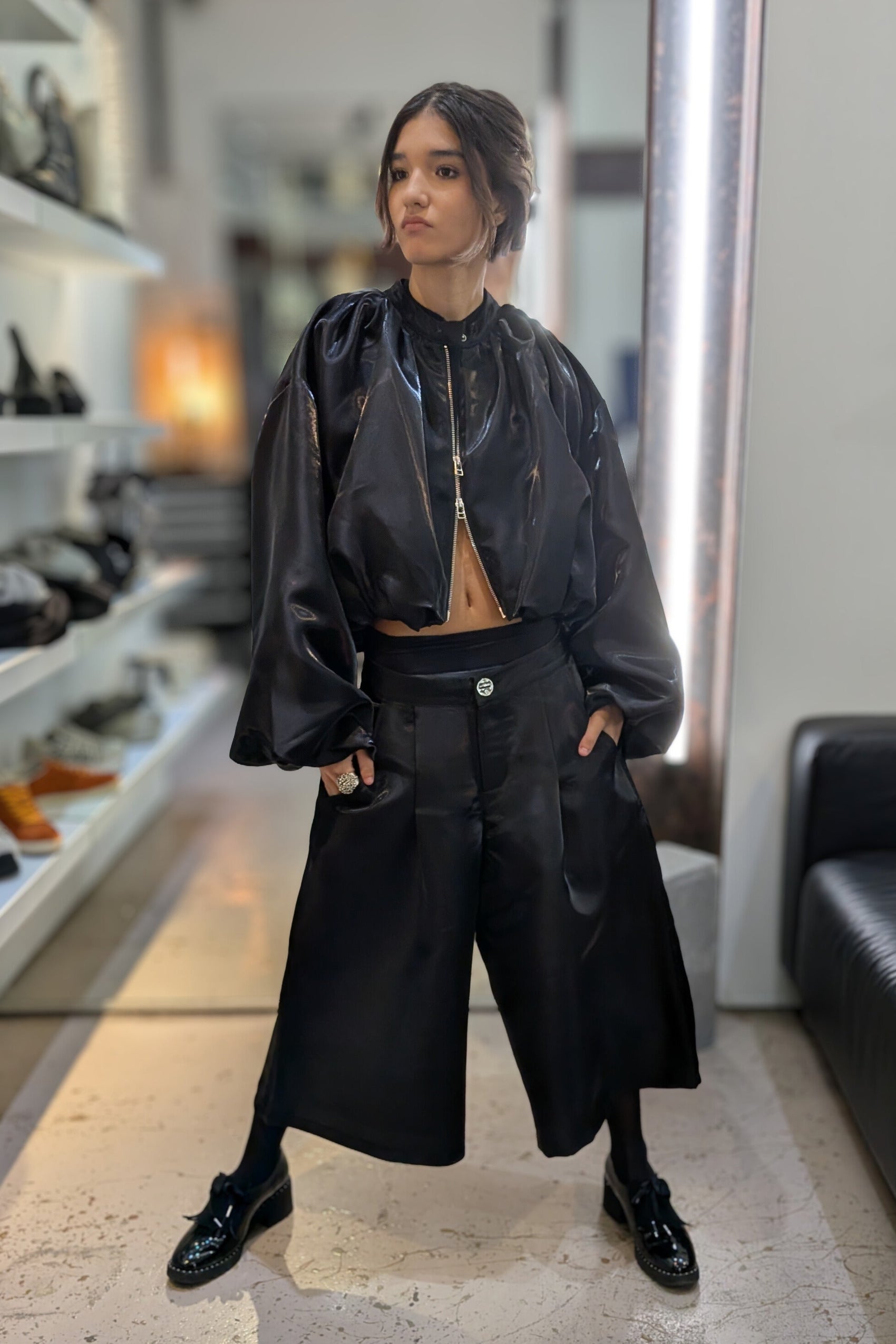 Vague black short pants liquid metal, unisex collection at LiLi The First Meatpacking NYC