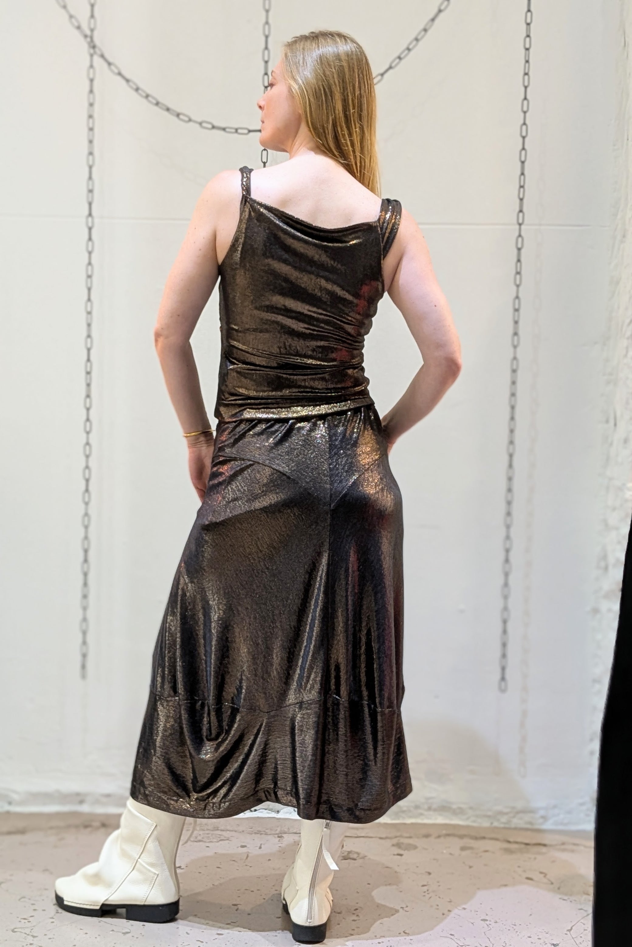 Vivienne_Westwood Aerodrone skirt, bronze gold, midi, metallic, elastic - LiLi The First NYC