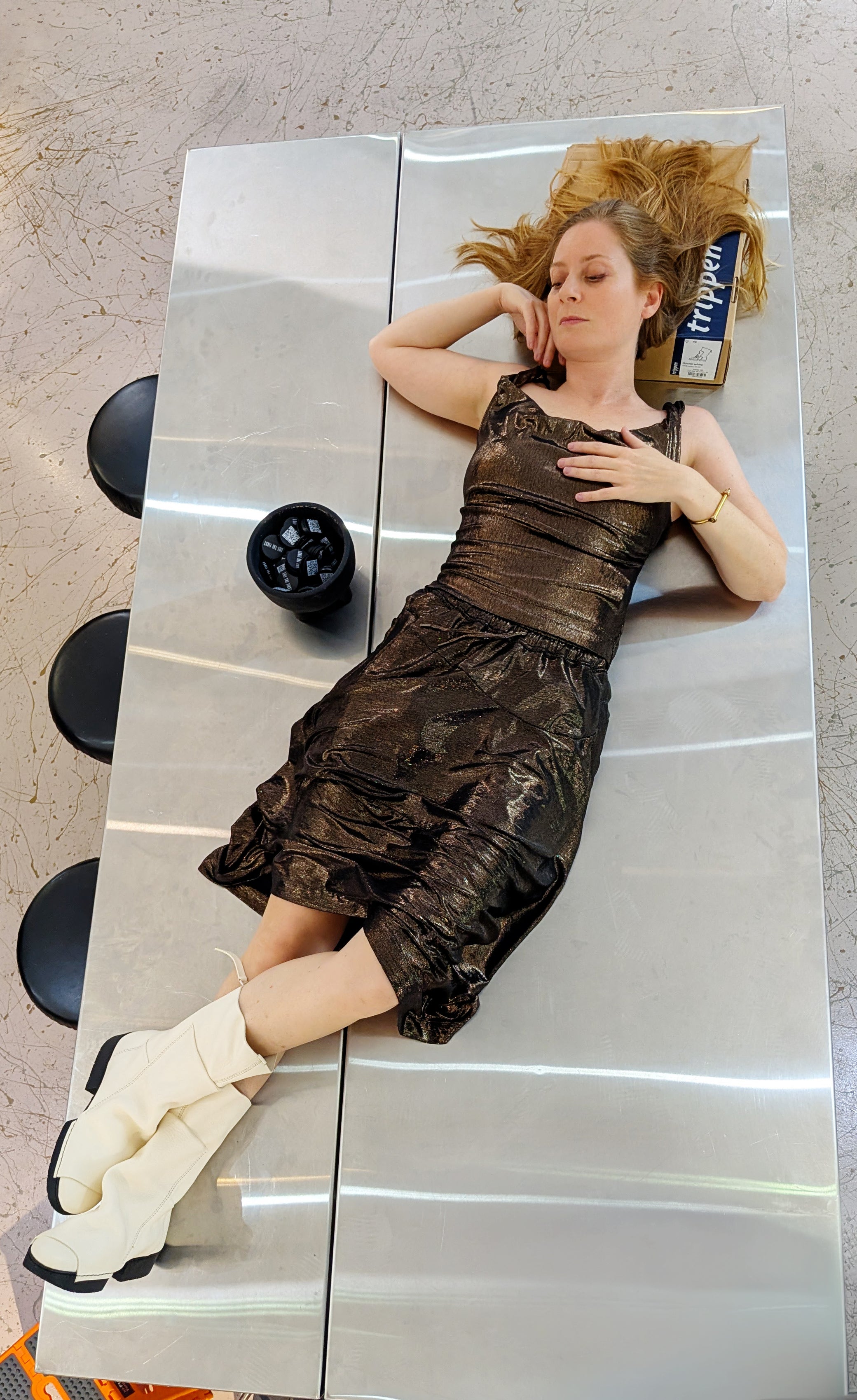 Vivienne_Westwood Aerodrone skirt, bronze gold, midi, metallic, elastic - LiLi The First NYC