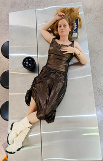 Vivienne_Westwood Aerodrone skirt, bronze gold, midi, metallic, elastic - LiLi The First NYC