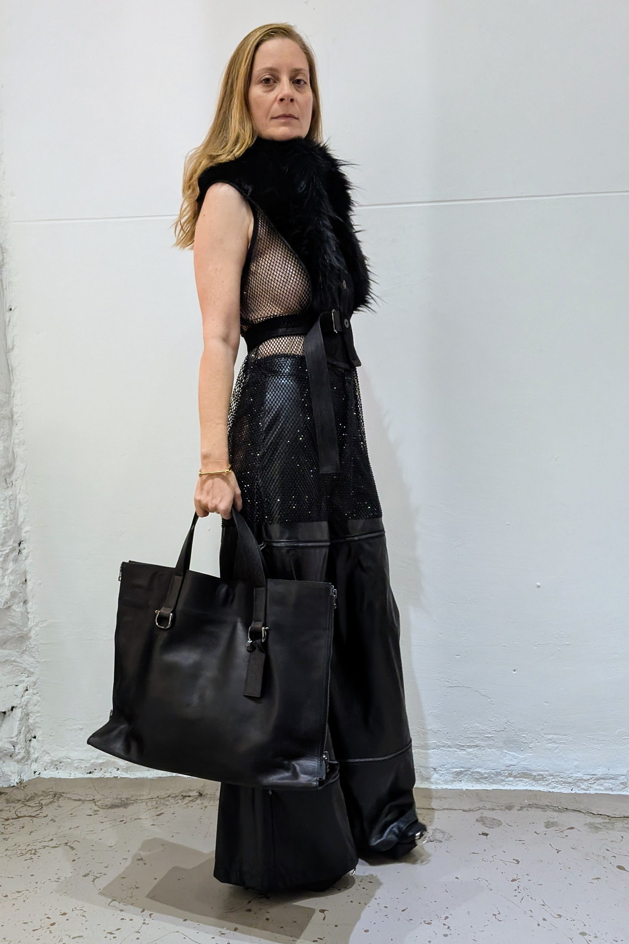 YOHJI YAMAMOTO side zip tote, laptop bag, cross body strap, black leather.