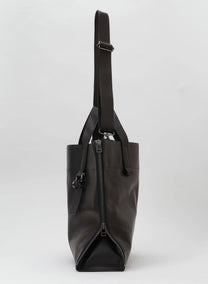 YOHJI YAMAMOTO side zip tote, laptop bag, cross body strap, black leather.