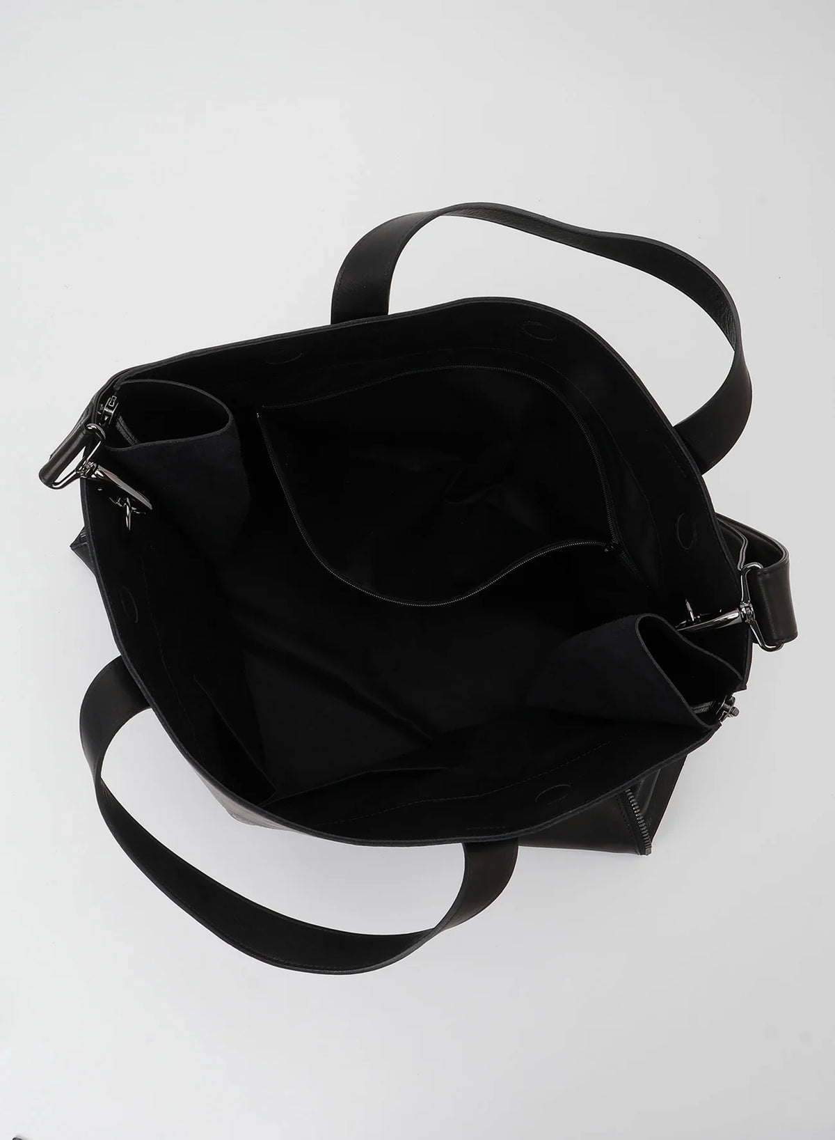 YOHJI YAMAMOTO side zip tote, laptop bag, cross body strap, black leather.