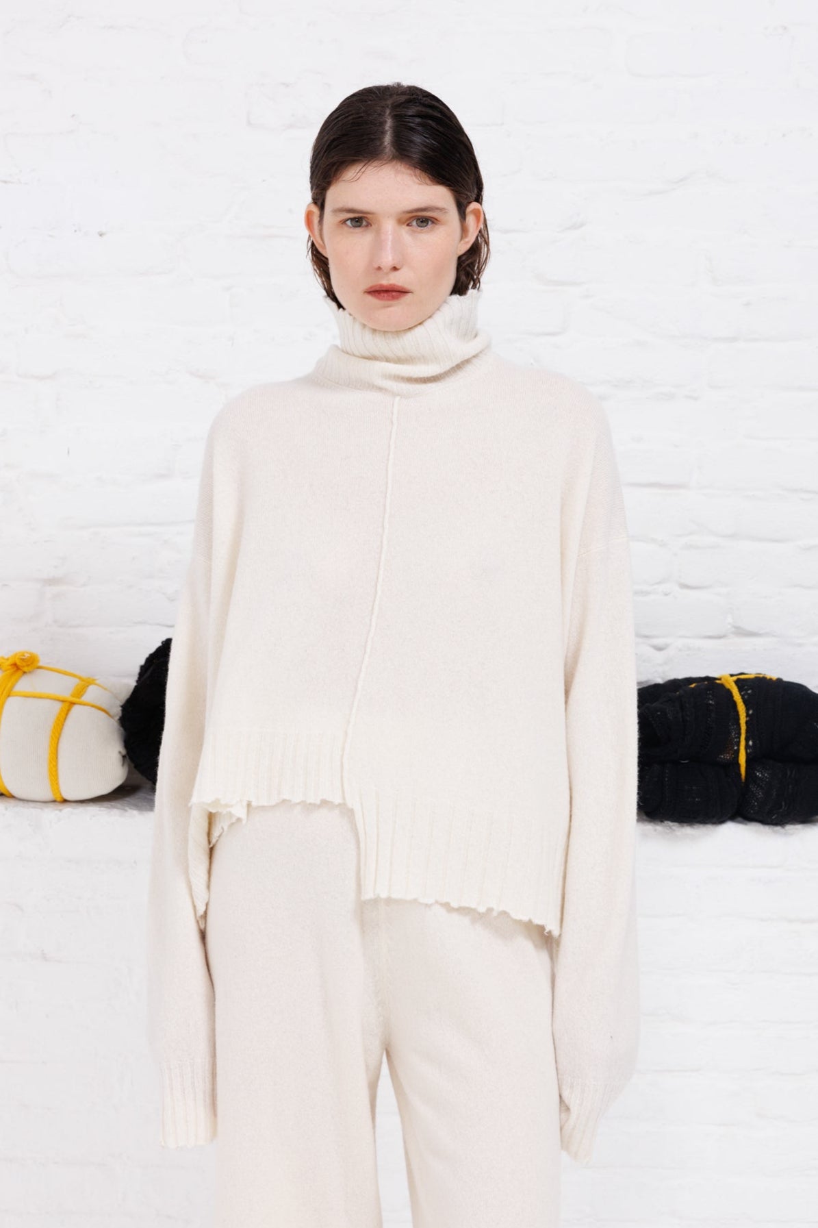 serienumerica white cashmere sweater , recycled cashmere turtleneck, uneven