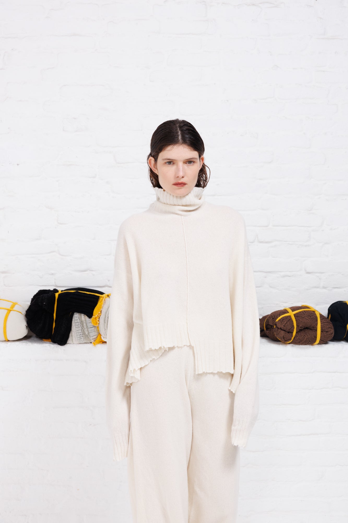 serienumerica white cashmere sweater , recycled cashmere turtleneck, uneven